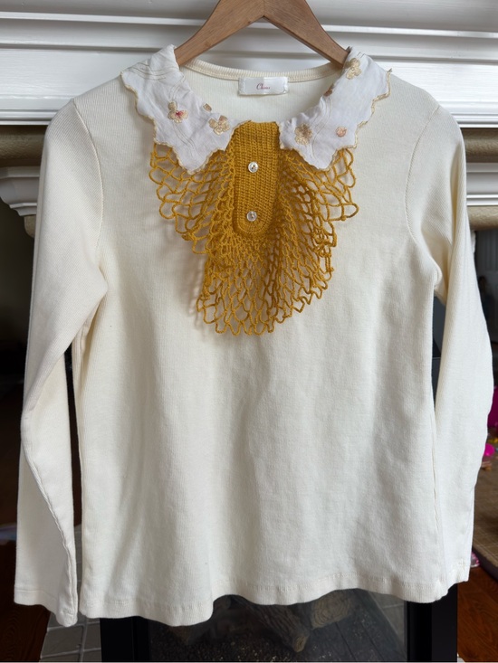 choux Tops - Cream and Mustard Peterpan and Crochet Collar Ribbed Long Sleeve Top Small